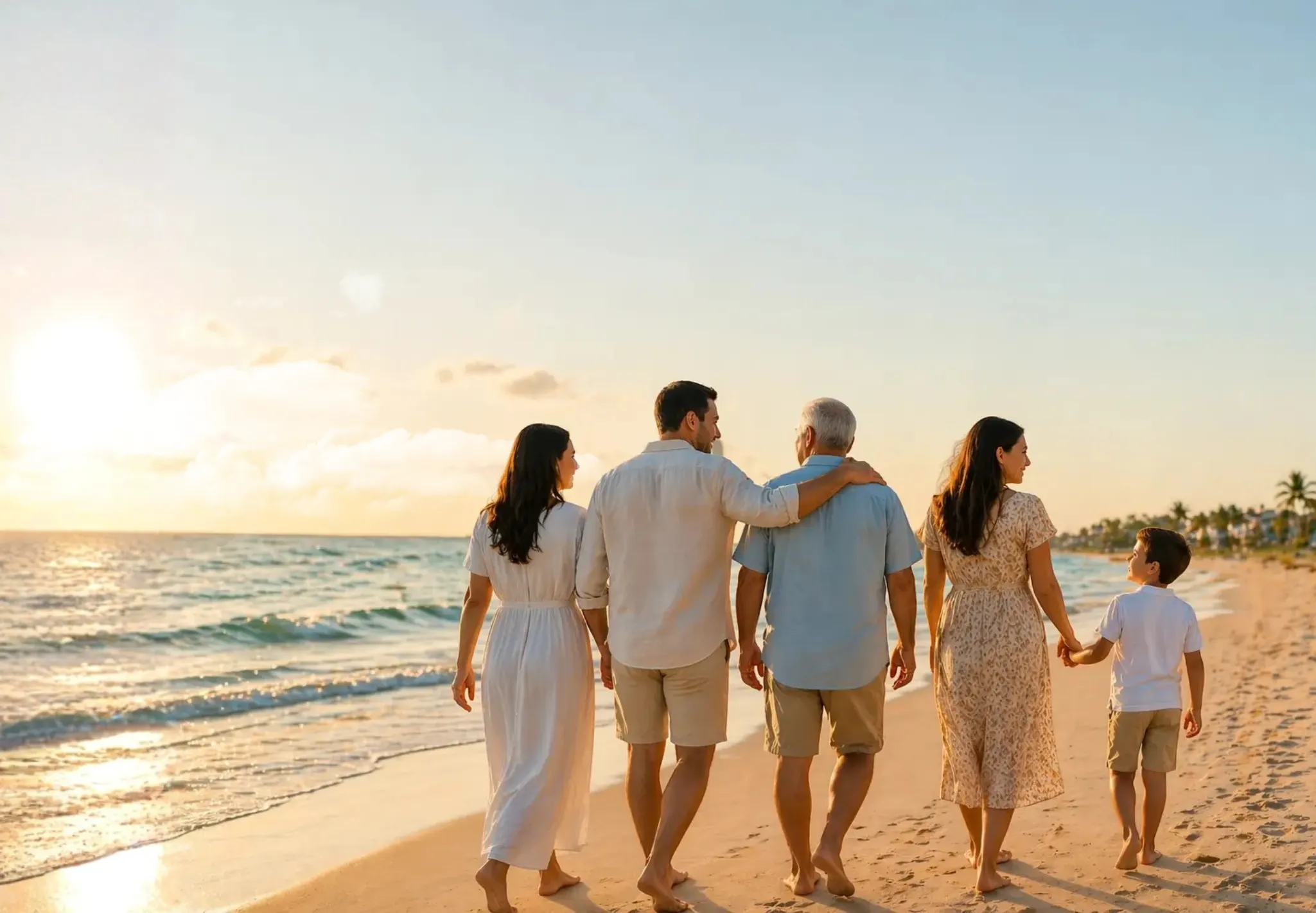 Family walking on the beach at sunset — National Funeral Homes Miami
