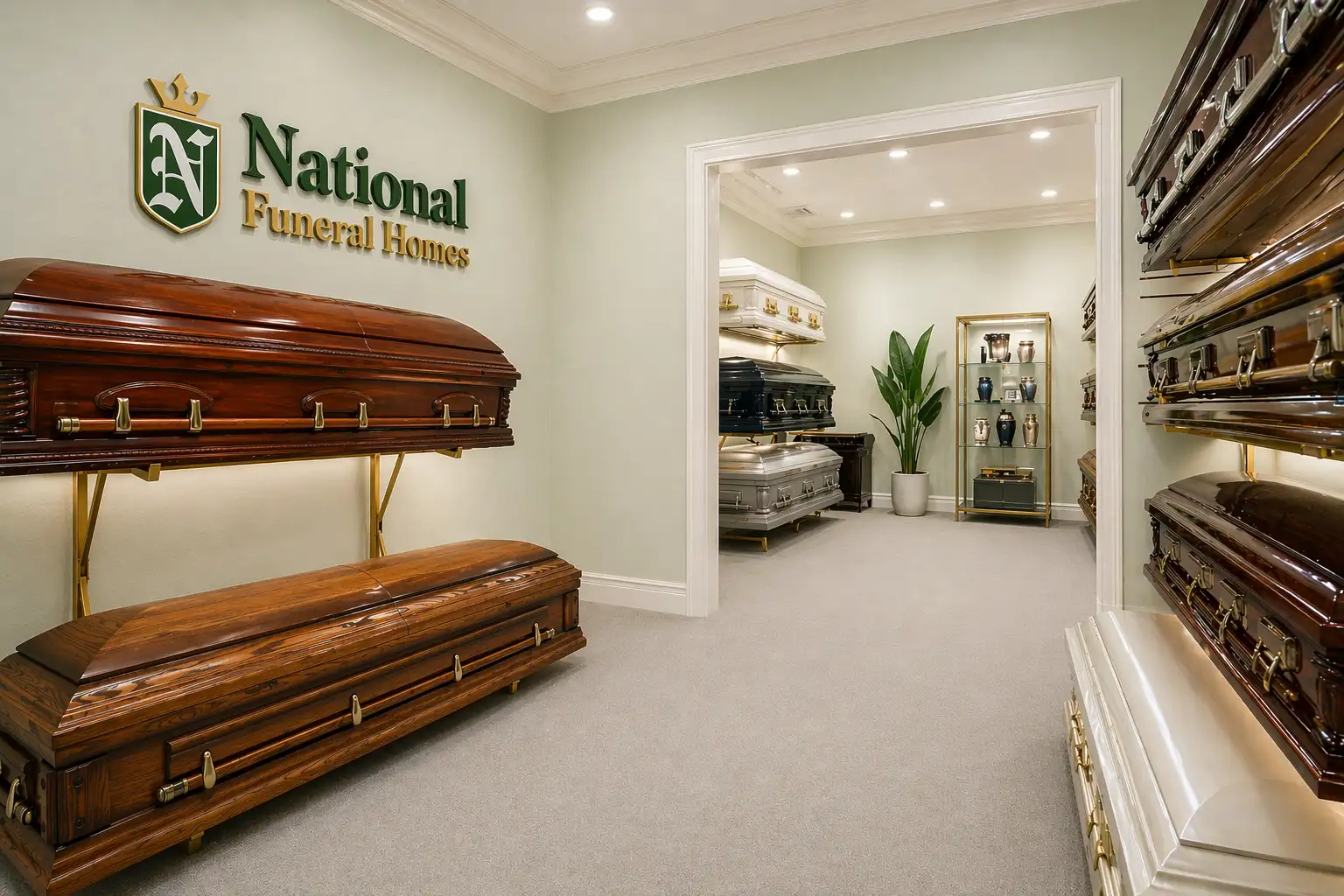 Casket showroom at National Funeral Homes